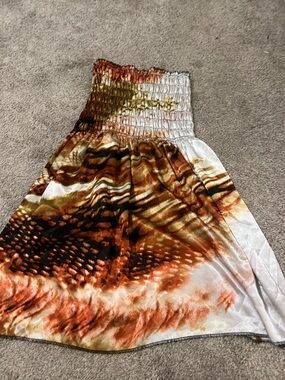 Y2K Strapless Smocked Mini Dress Orange Brown Abstract Print Stretch